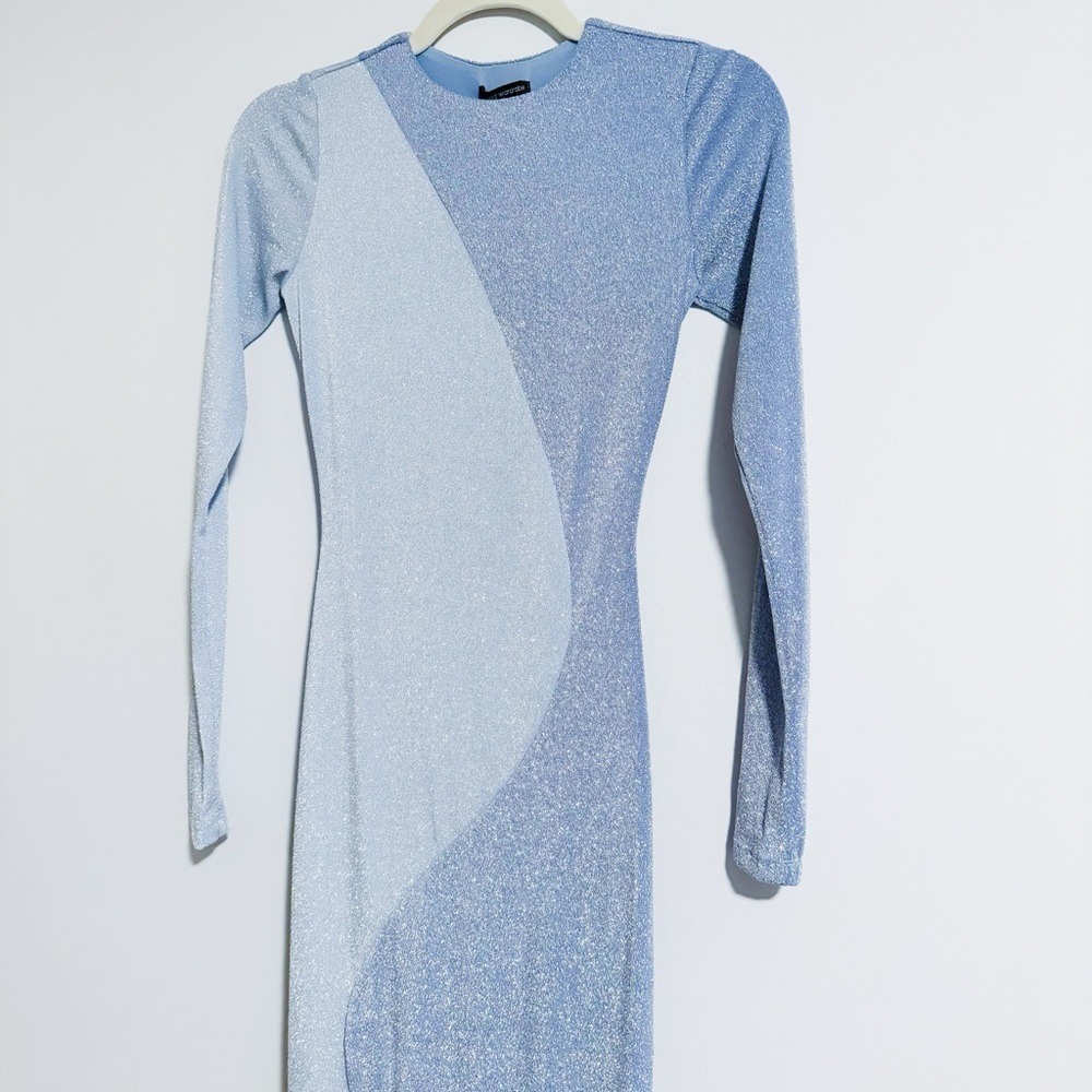 Naked Wardrobe - Blue Glitter Fitted Maxi Dress - Picture 2 of 5